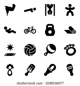 Solid vector icon set - power hand vector, push ups, pull, gymnastics, abdominal muscles, bike, weight, mat, volleyball, beanbag