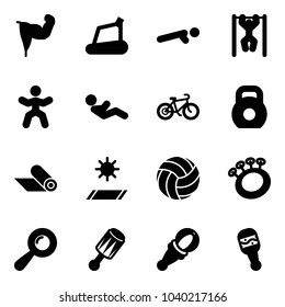 Solid vector icon set - power hand vector, treadmill, push ups, pull, gymnastics, abdominal muscles, bike, weight, mat, volleyball, beanbag