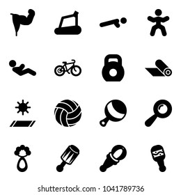 Solid vector icon set - power hand vector, treadmill, push ups, gymnastics, abdominal muscles, bike, weight, mat, volleyball, beanbag