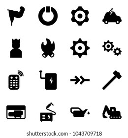 Solid vector icon set - power hand vector, standby, gear, electric car, king, fire, remote control, bank, connect, sledgehammer, generator, welding, oiler, excavator toy