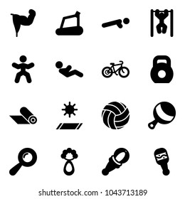 Solid vector icon set - power hand vector, treadmill, push ups, pull, gymnastics, abdominal muscles, bike, weight, mat, volleyball, beanbag