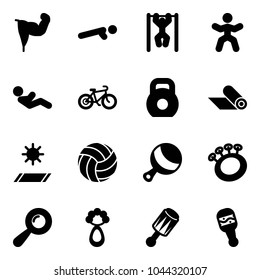Solid vector icon set - power hand vector, push ups, pull, gymnastics, abdominal muscles, bike, weight, mat, volleyball, beanbag