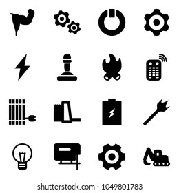 Solid vector icon set - power hand vector, gears, standby, gear, lightning, pawn, fire, remote control, sun panel, water plant, battery, wood drill, bulb, jig saw, excavator toy