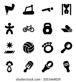 Solid vector icon set - power hand vector, treadmill, push ups, pull, gymnastics, bike, weight, mat, volleyball, beanbag