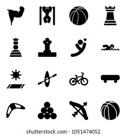 Solid vector icon set - power hand vector, pull ups, basketball ball, chess tower, queen, winner, flying man, swimming, mat, kayak, bike, skateboard, boomerang, billiards balls, bow