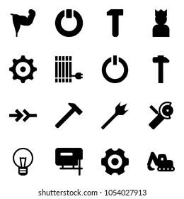 Solid vector icon set - power hand vector, standby, work, king, gear, sun panel, button, hammer, connect, wood drill, Angular grinder, bulb, jig saw, excavator toy