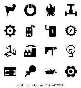 Solid vector icon set - power hand vector, standby, fire, gyroscope, gear, remote control, bank, sun, wind mill, plant, drill machine, bulb, generator, oiler