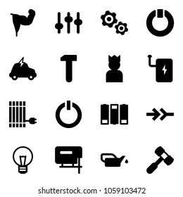 Solid vector icon set - power hand vector, settings, gears, standby, electric car, work, king, bank, sun panel, button, battery, connect, bulb, jig saw, oiler, toy hammer
