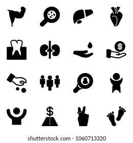 Solid vector icon set - power hand vector, bacteria, liver, heart, tooth, kidneys, drop, investment, group, head hunter, success, dollar, victory, feet