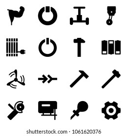 Solid vector icon set - power hand vector, standby, gyroscope, piston, sun panel, button, hammer, battery, wind mill, connect, sledgehammer, Angular grinder, jig saw, oiler, gear