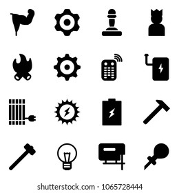 Solid vector icon set - power hand vector, gear, pawn, king, fire, remote control, bank, sun panel, battery, hammer, sledgehammer, bulb, jig saw, oiler