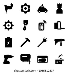 Solid vector icon set - power hand vector, gear, electric car, king, piston, remote control, water plant, battery, hammer, wood drill, machine, jig saw, generator, welding