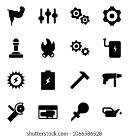 Solid vector icon set - power hand vector, settings, gears, gear, pawn, fire, bank, sun, battery, hammer, drill machine, Angular grinder, generator, oiler