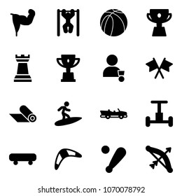 Solid vector icon set - power hand vector, pull ups, basketball ball, cup, chess tower, win, winner, flags cross, mat, surfing, cabrio, gyroscope, skateboard, boomerang, baseball bat, bow