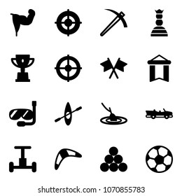Solid vector icon set - power hand vector, target, job, chess queen, win cup, flags cross, pennant, diving, kayak, fishing, cabrio, gyroscope, boomerang, billiards balls, soccer ball