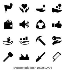 Solid vector icon set - power hand vector, heart care, drop, cash pay, wallet, volume max, social, like, sproute, growth, rock axe, key, rubber hammer, jointer, clinch, metal hacksaw