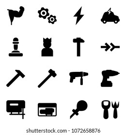 Solid vector icon set - power hand vector, gears, lightning, electric car, pawn, king, hammer, connect, sledgehammer, drill machine, jig saw, generator, oiler, shovel fork toy