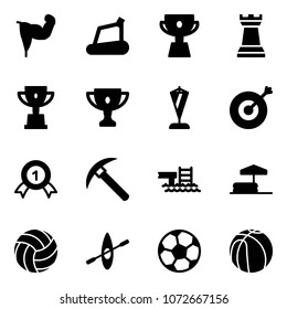 Solid vector icon set - power hand vector, treadmill, cup, chess tower, win, gold, pennant, target, medal, rock axe, pool, inflatable, volleyball, kayak, soccer ball, basketball