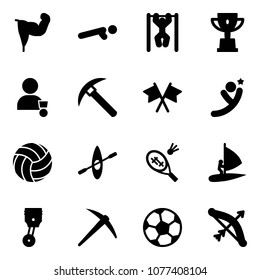 Solid vector icon set - power hand vector, push ups, pull, win cup, winner, rock axe, flags cross, flying man, volleyball, kayak, badminton, windsurfing, piston, soccer ball, bow