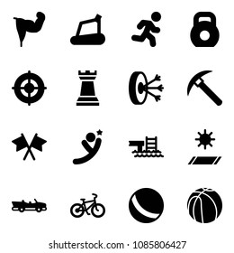 Solid vector icon set - power hand vector, treadmill, run, weight, target, chess tower, solution, rock axe, flags cross, flying man, pool, mat, cabrio, bike, ball, basketball