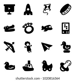 Solid vector icon set - presentation board vector, rocket, kite, tambourine, crocodile, beanbag, plane toy, game console, bow, doll, paper, duck, boat, soother