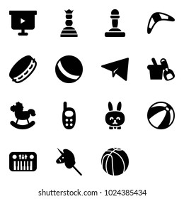 Solid vector icon set - presentation board vector, chess queen, pawn, boomerang, tambourine, ball, paper plane, shovel bucket, rocking horse, phone toy, rabbit, beach, piano, unicorn stick