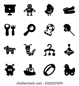 Solid vector icon set - presentation board vector, robot, chicken toy, crocodile, shovel fork, beanbag, teethers, horse stick, caterpillar, baby carousel, wirligig, monster, boat, football, duck