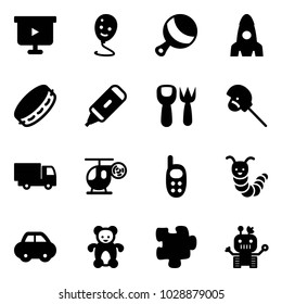 Solid vector icon set - presentation board vector, balloon smile, beanbag, rocket, tambourine, marker, shovel fork toy, horse stick, truck, helicopter, phone, caterpillar, car, bear, puzzle, robot