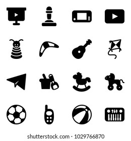 Solid vector icon set - presentation board vector, pawn, game console, playback, pyramid toy, boomerang, guitar, kite, paper plane, shovel bucket, rocking horse, wheel, soccer ball, phone, beach