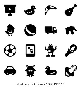 Solid vector icon set - presentation board vector, duck toy, boomerang, guitar, chicken, ball, truck, elephant wheel, soccer, game console, robot, beanbag, car, monster, soother