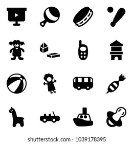 Solid vector icon set - presentation board vector, beanbag, tambourine, baseball bat, doll, constructor blocks, phone toy, block house, beach ball, bus, dart, giraffe, car, boat, soother