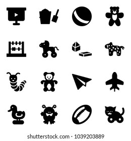 Solid vector icon set - presentation board vector, bucket scoop, ball, bear toy, abacus, wheel horse, constructor blocks, caterpillar, paper plane, duck, monster, football, cat