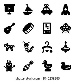 Solid vector icon set - presentation board vector, sailboat toy, car, rocket, guitar, tambourine, game console, ufo, horse, caterpillar, baby carousel, wirligig, robot, dart, duck