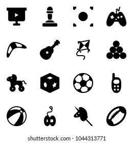 Solid vector icon set - presentation board vector, pawn, record button, joystick, boomerang, guitar, kite, billiards balls, wheel horse, cube toy, soccer ball, phone, beach, yoyo, unicorn stick