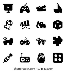 Solid vector icon set - presentation board vector, joystick, crocodile, sailboat toy, teethers, xylophone, excavator, cube, baby car, gamepad, horse, puzzle, dart, radio, russian doll, hole