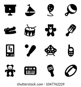 Solid vector icon set - presentation board vector, sailboat toy, balloon smile, beanbag, crocodile, drum, bear, game console, baseball bat, ufo, phone, piano, football