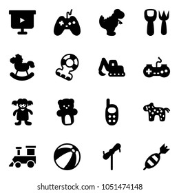 Solid vector icon set - presentation board vector, joystick, dinosaur toy, shovel fork, rocking horse, teethers, excavator, gamepad, doll, bear, phone, train, beach ball, windmill, dart