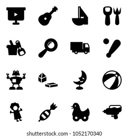 Solid vector icon set - presentation board vector, guitar, sailboat toy, shovel fork, bucket, beanbag, truck, baseball bat, robot, constructor blocks, moon lamp, beach ball, doll, dart, duck