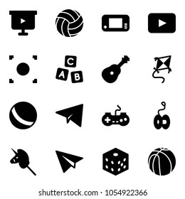 Solid vector icon set - presentation board vector, volleyball, game console, playback, record button, abc cube, guitar, kite, ball, paper plane, gamepad, yoyo, toy unicorn stick, bones, basketball
