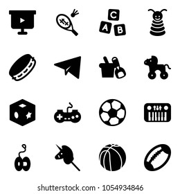 Solid vector icon set - presentation board vector, badminton, abc cube, pyramid toy, tambourine, paper plane, shovel bucket, wheel horse, gamepad, soccer ball, piano, yoyo, unicorn stick, basketball