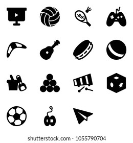 Solid vector icon set - presentation board vector, volleyball, badminton, joystick, boomerang, guitar, tambourine, ball, shovel bucket, billiards balls, xylophone, cube toy, soccer, yoyo