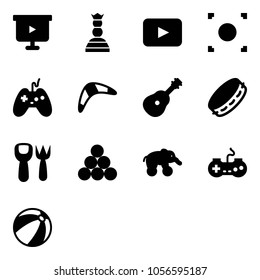 Solid vector icon set - presentation board vector, chess queen, playback, record button, joystick, boomerang, guitar, tambourine, shovel fork toy, billiards balls, elephant wheel, gamepad