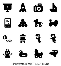 Solid vector icon set - presentation board vector, rocket, camera, sailboat toy, game console, billiards balls, wheel horse, baby car, constructor blocks, block house, beanbag, doll, robot, duck