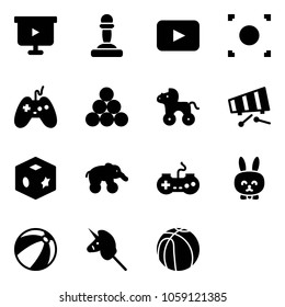 Solid vector icon set - presentation board vector, pawn, playback, record button, joystick, billiards balls, wheel horse, xylophone, cube toy, elephant, gamepad, rabbit, beach ball, unicorn stick