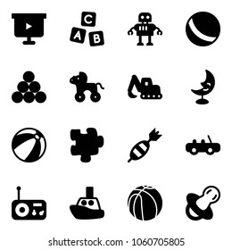 Solid vector icon set - presentation board vector, abc cube, robot, ball, billiards balls, wheel horse, excavator toy, moon lamp, beach, puzzle, dart, car, radio, boat, basketball, soother