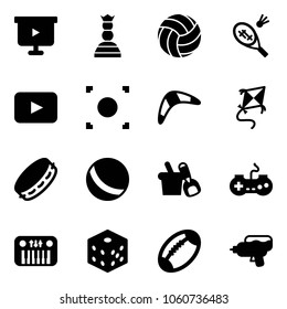 Solid vector icon set - presentation board vector, chess queen, volleyball, badminton, playback, record button, boomerang, kite, tambourine, ball, shovel bucket, gamepad, toy piano, bones, football