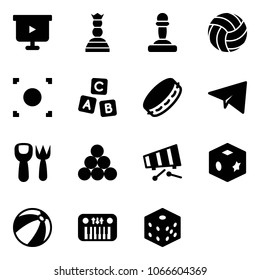 Solid vector icon set - presentation board vector, chess queen, pawn, volleyball, record button, abc cube, tambourine, paper plane, shovel fork toy, billiards balls, xylophone, beach ball, piano