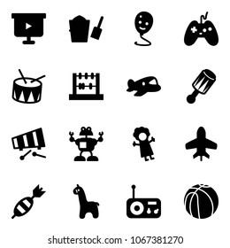 Solid vector icon set - presentation board vector, bucket scoop, balloon smile, joystick, drum, abacus, plane toy, beanbag, xylophone, robot, doll, dart, giraffe, radio, basketball