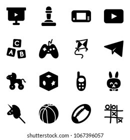 Solid vector icon set - presentation board vector, pawn, game console, playback, abc cube, joystick, kite, paper plane, wheel horse, toy, phone, rabbit, unicorn stick, basketball, football