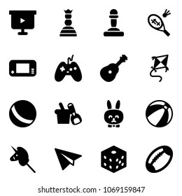 Solid vector icon set - presentation board vector, chess queen, pawn, badminton, game console, joystick, guitar, kite, ball, shovel bucket, toy rabbit, beach, unicorn stick, paper plane, bones